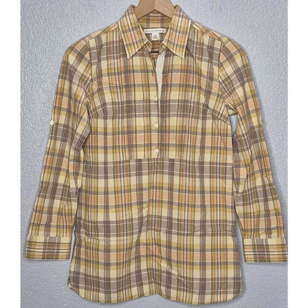 Banana Republic Women’s Plaid Button Front Shirt XS Yellow Tan Brown Long Sleeve
